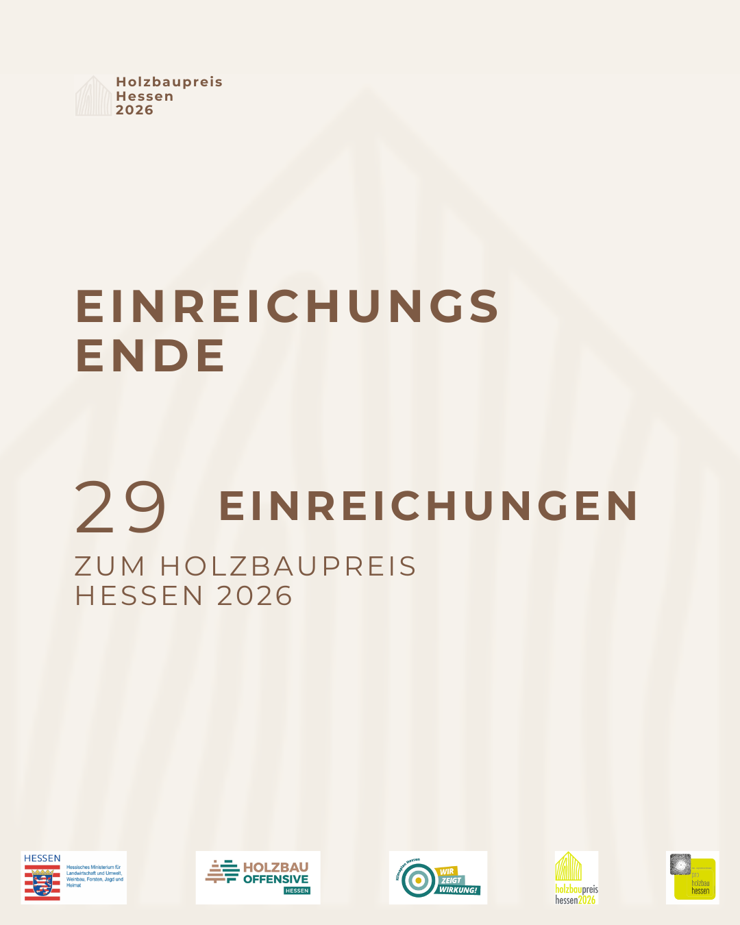 Titelgrafik Holzbaupreis Hessen 2026: Einreichungsende mit 29 Einreichungen